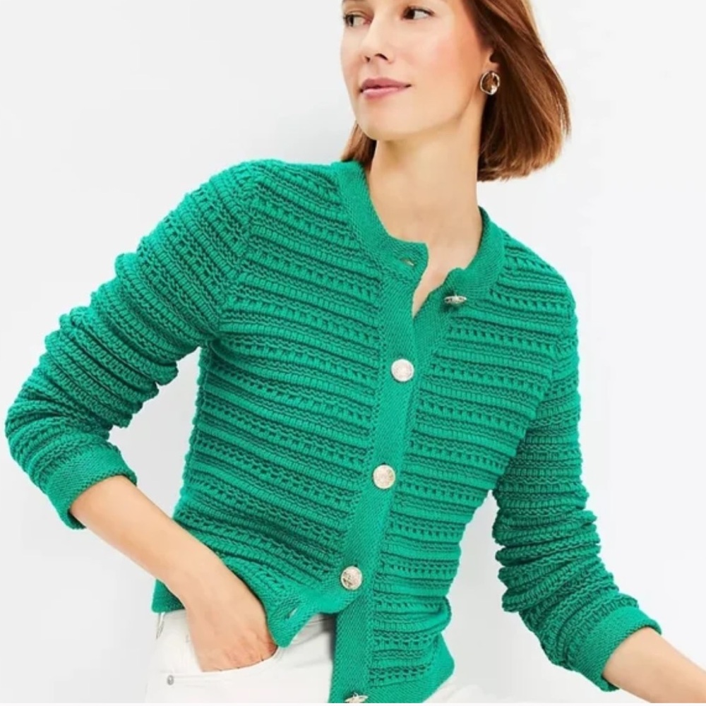 LOFT Textured Green Cardigan Jacket with Gold Buttons